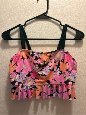 Girls Floral Swim Top - Pink & Orange Flowers